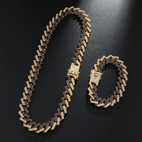 18K Gold Plated Iced Out CZ Crystal Cuban Link Chain with Bracelet SET - Picture 6 of 7